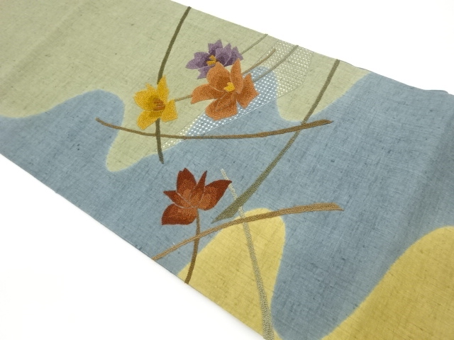 JAPANESE HIRAKI NAGOYA OBI / MAWATA TSUMUGI / EMBROIDERY / FLOWERS